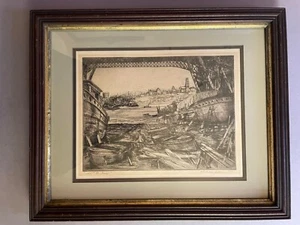 Vladimir Didur (1902-81) 125th St Ferry Harlem New York City framed etching 1937 - Picture 1 of 9