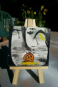 Approx 2 x 2 wood painting on easel shortiez ink art Halloween pumpkin fall - Picture 1 of 1