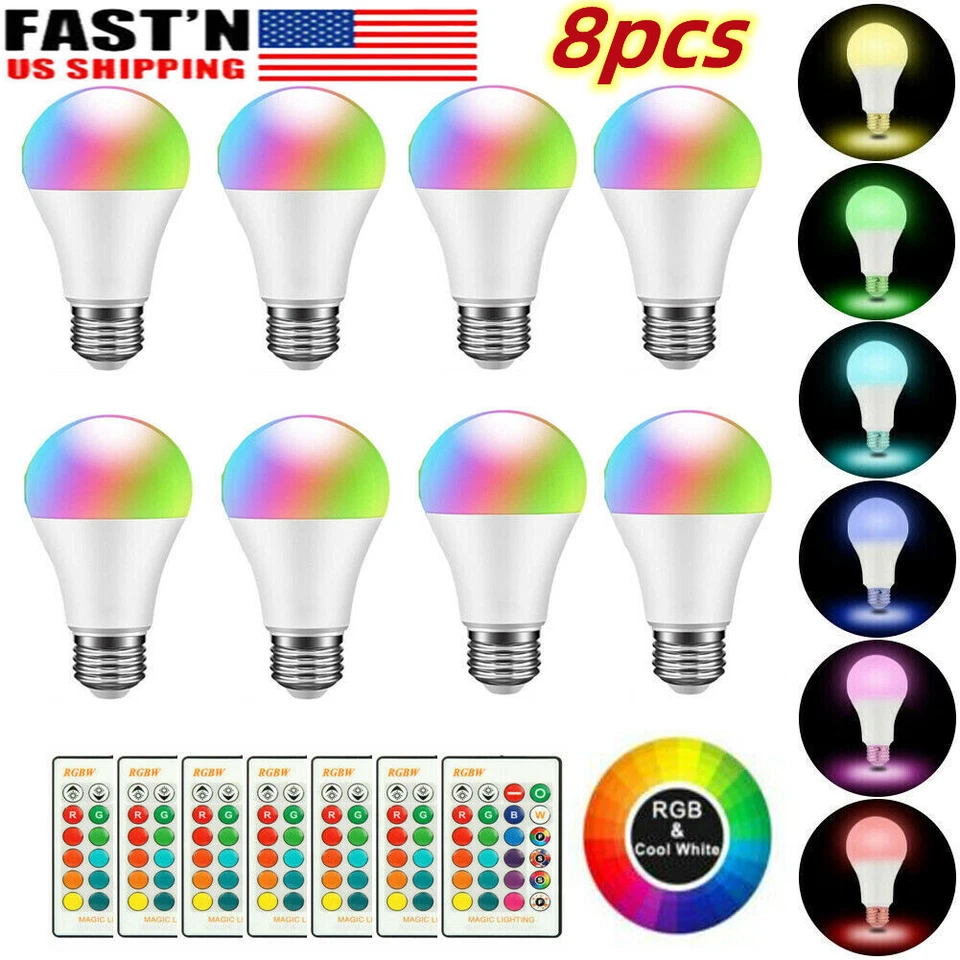 8Pcs 16 Color Changing Light Bulbs with Remote Dimmable LED Light Bulb E27 Base - Image 1 of 4