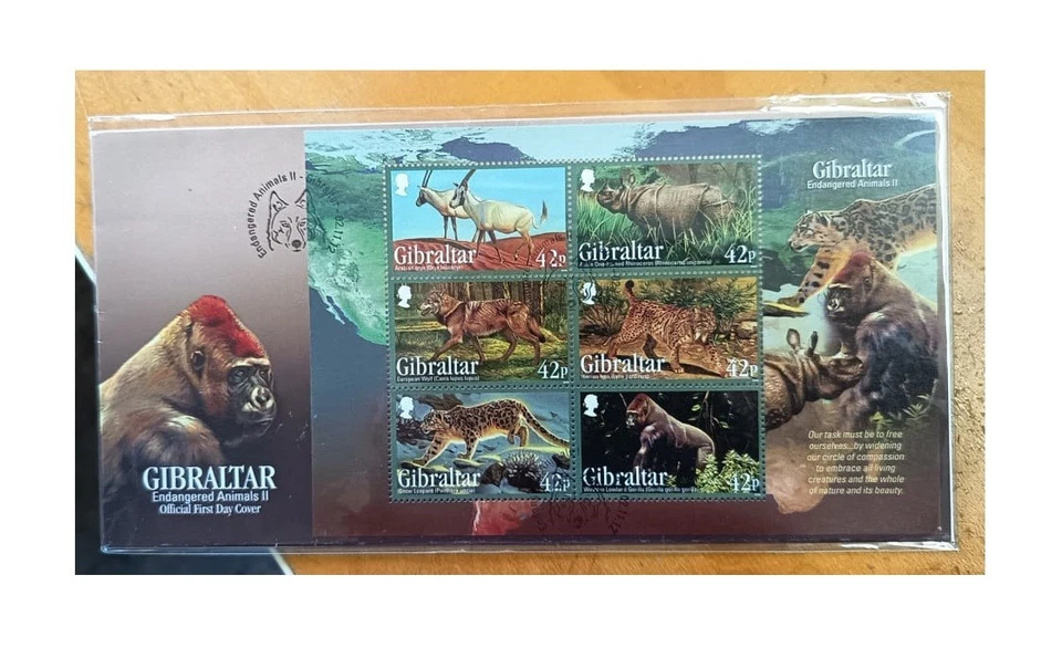 UK Gibraltar Stamp FDC 2012 Endangered Animals Wolf Rhino Leopard Gorilla Deer - Image 1 of 4