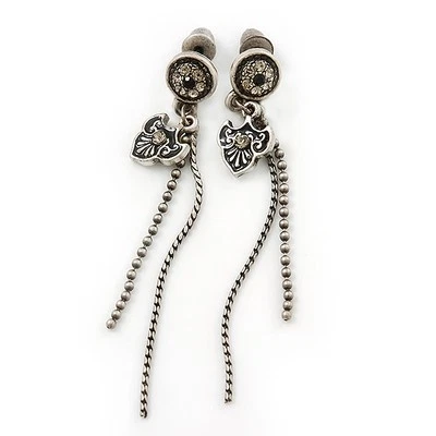 Vintage Inspired Burn Silver Tone Crystal Tassel Drop Earrings - 60mm Length - Image 1 of 4