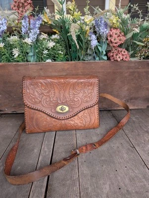 Bolso de Mano Vintage Mid-Century Cuero Tocado a Mano con Correa de 17" Foto 1 de 4