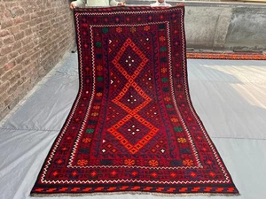 5x9 ft Vintage Afghan Kilim Rug Handmade Tribal Wool Flatweave Red Geometric Rug - Picture 1 of 10