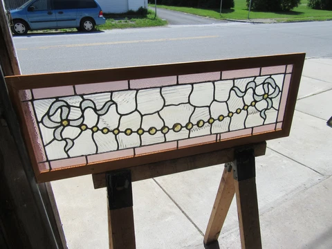 ~ ANTIQUE STAINED GLASS TRANSOM WINDOW 19 JEWELS ~ 43 X 15 ~ SALVAGE Cover