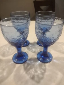 4 Libbey Embossed Raised Garden Vine Blue Water Goblet Wine Glass Footed - Picture 1 of 8