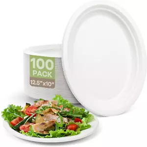 Disposable Oval Paper Plates, 100Pack 12.5Inch Biodegradable Large Paper Plates, - Picture 1 of 7