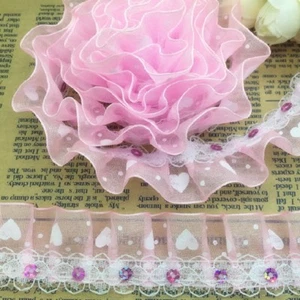 DENTELLE PLISSÉE 2 rangs / COEUR ROSE * 30 mm * ORGANZA SEQUIN FRONCÉE - DF06 - Picture 1 of 1