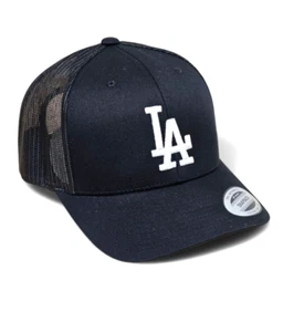 3D LA WHITE Embroidered on BLACK & BLACK Snapback Yupoong Trucker Style Hat NEW - Picture 1 of 13