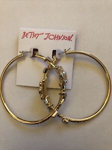 Betsey Johnson Gold Tone Frontal Flower Hoop Earrings Crystal & Faux Pearl NWT