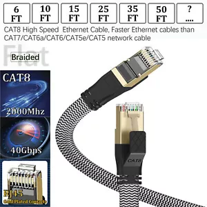 Braided 6FT-50FT Heavy Duty Cat8 Ethernet Cable 40Gbps/2000Mhz RJ45 Network Cord - Picture 1 of 8