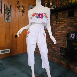 Vtg 80s Boho Hippie Prairie Mexican Heavily Embroidered Capelet Jumpsuit L/XL - Picture 1 of 8