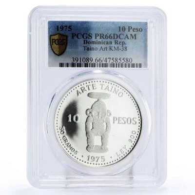 Dominican Republic 10 pesos Pueblo Viejo Mine Taino Art PR66 PCGS Ag coin 1975 - Image 1 of 2