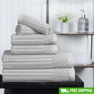 100 Cotton Towel Set 6 Pieces Ribbed Checkered Ultra Soft Highly Absorbent New - Picture 1 of 6