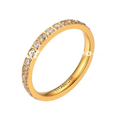 2mm Women Gold Plated Titanium Engagement Ring CZ Eternity Wedding Band Sz# 4-12 - Image 1 of 4
