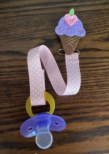 Ice Cream Cone Baby Pacifier holder clip strap,paci leash-Handmade - Picture 1 of 2