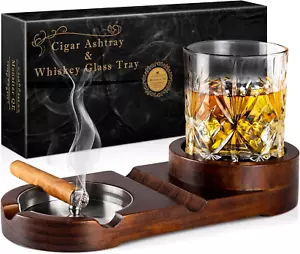 Cigar Ashtrays, Whiskey Glass Tray and Cigar Holder for Indoor Outdoor, Wooden A - Picture 1 of 7