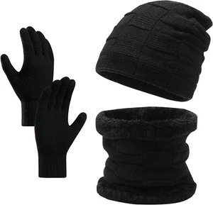 BSITSSS Nero Set Sciarpa E Cappello Uomo Donna, Elastico Set Guanti Cappello E S - Foto 1 di 12