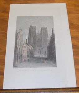 c1840 Antique COLOR Print///CHURCH OF ST. GUDULE, BRUSSELS, BELGIUM - Picture 1 of 1