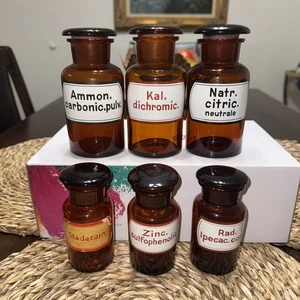 Vintage German Amber Glass Apothecary Bottles w/ Labels | Pharmacy Chemist Decor - Picture 1 of 3