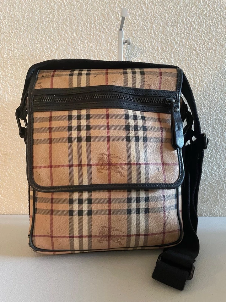 Unisex BURBERRY Beige/Black Haymarket Check PVC Canvas & Leather Crossbody Bag - Image 1 of 4