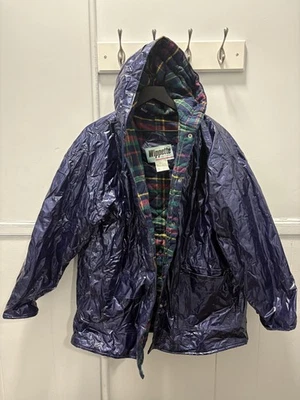 Wippette Rainthings 夹克男式大号紫色乙烯基连帽雨衣格子衬里 — 第 1/4 张图片