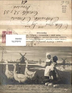 186466, niño niños con gansos Holanda tipos Flandes molino de viento zapatos de madera - Imagen 1 de 1