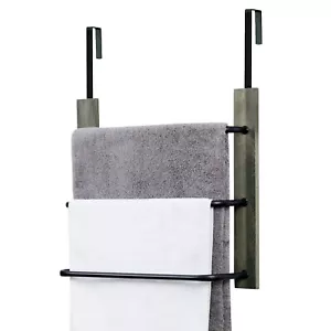 3 Tier Bathroom Gray Wood & Black Metal Towel Rack, Drying Towels Storage Hanger - Picture 1 of 7