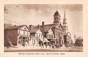 SOUTHINGTON, CT ~ CENTRAL AREA WITH TOWN HALL & STREET, Pub. by HAHN ~ 1910s - Picture 1 of 2