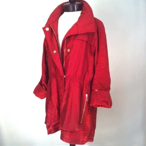 Red Medium Light Weight Hooded Nylon Zip Coat Snaps Pockets 3/4 or Long Sleeve - Picture 1 of 9