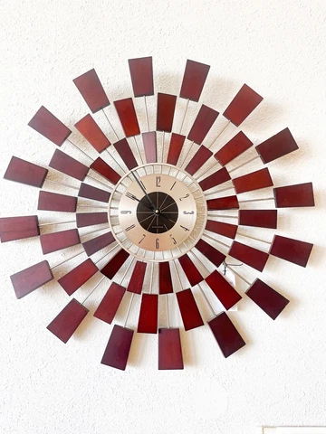 MCM Style Sunburst Atomic Wall Clock By Kenneth Wingard, Walnut + Aluminum Cover
