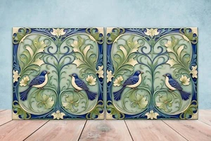 Azulejos de cerámica Art Nouveau para pájaros y flores - Juego de 2 azulejos de decoración de pared Art Nouveau - Imagen 1 de 3