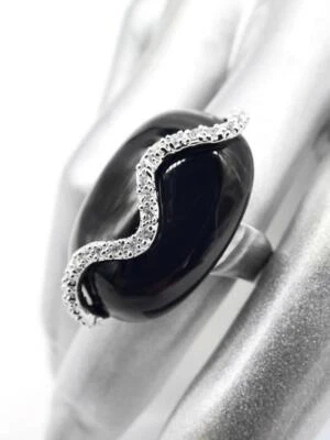 EXQUISITO ANILLO GRUESO REMOLINO CRISTALES DE PIEDRA DE ÓNIX NEGRO ENCHAPADO EN ORO BLANCO DE 18kt Foto 1 de 4