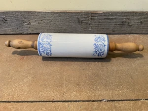 Antique 1900s Primitive Stoneware Blue & White Rolling Pin - Picture 1 of 4