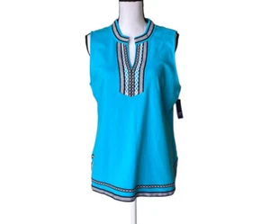 Crown & Ivy Womens Turquoise Blue Sleeveless Cotton V-Neck Pullover Top L - Picture 1 of 10