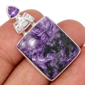 Natürlicher sibirischer Charoit & Amethyst 925 Silber Anhänger Schmuck CP75203 - Bild 1 von 1