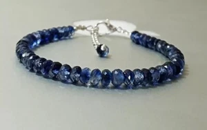 925 Sterling Silver Natural Blue Sapphire Bracelet Rondelle Gemstone Beads 4-5mm - Picture 1 of 4