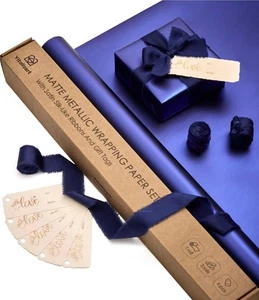 Blue Matte Metallic Wrapping Paper Set 17" With Silk Satin Ribbon & Gift Tags... - Picture 1 of 6