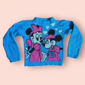 Vintage 80er Disney blau Mickey Minnie Strickpullover Mädchen Medium 8/10 Herz rosa - Bild 1 von 2
