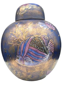 Vintage Ginger Jar/Vase, Blue w/colored enamel, bronze, Angel Fish, Coral, Japan - Picture 1 of 16