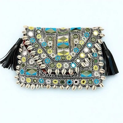 VIPUL SHAH Clutch Shoulder Bag Thikri Shells Leather Mermaid Fisherman Bollywood - Image 1 of 4