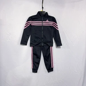 Adidas Niñas 2 Piezas Negro Rosa Rayas Tricot Chándal Chaqueta Pantalones Conjunto 2T 5T - Imagen 1 de 13