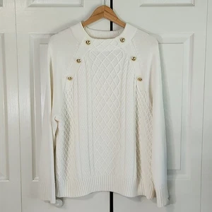 Talbots Ivory Cable Knit Mock Neck Sweater Size XLP Gold Decorative Buttons - Picture 1 of 10