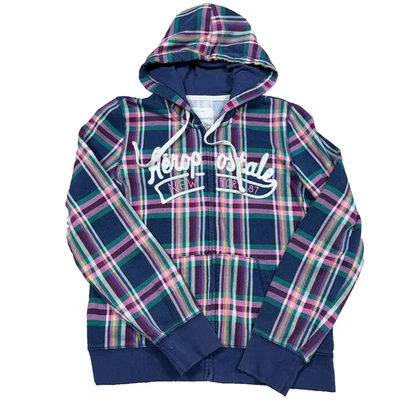 Sudadera con capucha vintage Y2K Aeropostale para mujer XL azul rosa a cuadros cremallera completa Nueva York años 2000 Foto 1 de 4