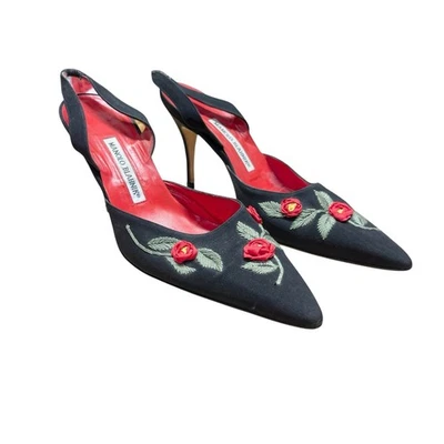 Туфли-слинги Manolo Blahnik черные с цветочной вышивкой размер 40 - Изображение 1 из 4