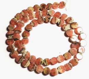 PINK ORANGE BLACK RHODOCHROSITE ROUND FLAT COIN BEADS 16" Strand E905 - Picture 1 of 2