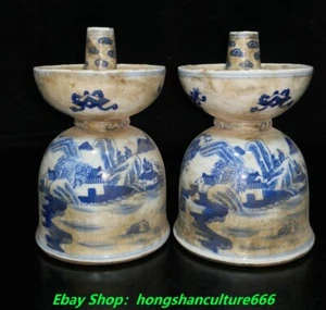 6" Chinese Dynasty Blue and white Porcelain landscape people candlestick Candle - Picture 1 of 9