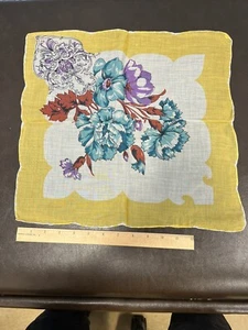 Vintage Ladies Cotton Hankie 1950s Aqua Red And Purple Flowers Scalloped Edge - Picture 1 of 3