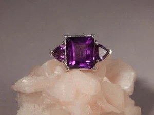 4.82 Ct. Emerald Cut Amethyst & Trillion Amethyst Three-Stone Sterling S. Ring - Picture 1 of 5