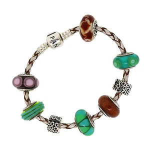 Pandora Sterling Silver Green Brown Purple Murano Glass Leather Charm Bracelet7" - Picture 1 of 3
