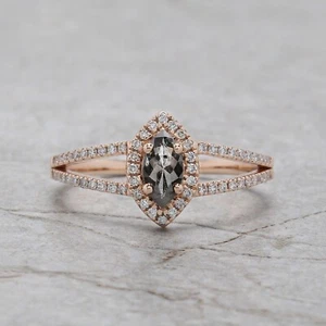 Marquise Salt And Pepper Diamond 14K Solid Rose White Yellow Gold Ring QN2490 - Picture 1 of 9